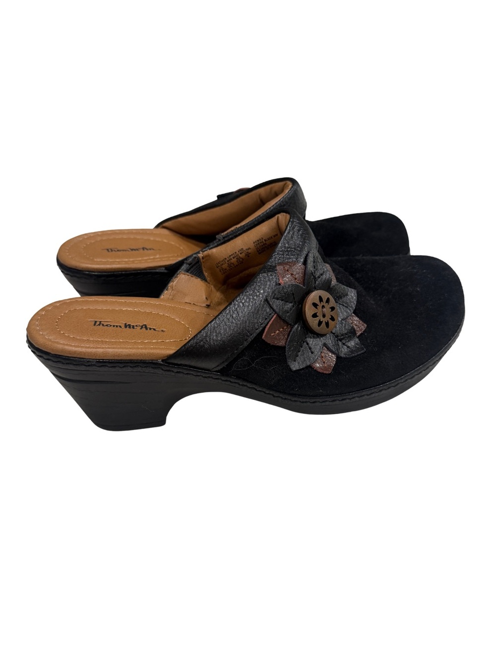 Thom McAn Black Suede Floral Accent Clog Mules